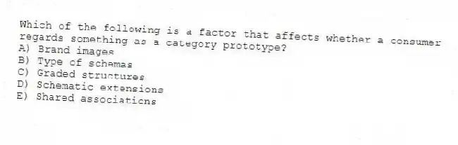 Which of the following is a factor that affects whether a consumer regards something as a category prototype?
A) Brand images
B) Type of schemas
C) Graded structures
D) Schematic extensions
E) Shared associations