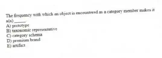 The frequency with which an object is encountered as a category member makes it a(n) _____.
A) prototype
B) taxonomic representative
C) category schema
D) premium brand
E) artifact