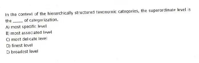 In the context of the hierarchically structured taxonomic categories, the superordinate level is the _____ of categorization.
A) most specific level
B) most associated level
C) most delicate level
D) finest level
E) broadest level