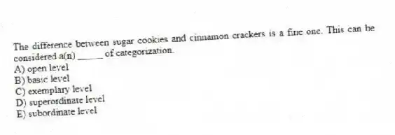 The difference between sugar cookies and cinnamon crackers is a fine one. This can be considered a(n) _____ of categorization.
A) open level
B) basic level
C) exemplary level
D) superordinate level
E) subordinate level