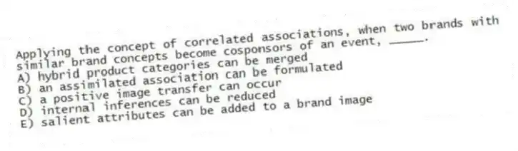 Applying the concept of correlated associations, when two brands with similar brand concepts become cosponsors of an event, _____.
A) hybrid product categories can be merged
B) an assimilated association can be formulated
C) a positive image transfer can occur
D) internal inferences can be reduced
E) salient attributes can be added to a brand image