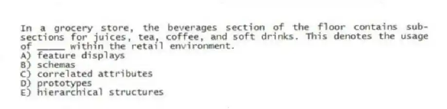 In a grocery store, the beverages section of the floor contains sub-sections for juices, tea, coffee, and soft drinks. This denotes the usage of _____ within the retail environment.
A) feature displays
B) schemas
C) correlated attributes
D) prototypes
E) hierarchical structures