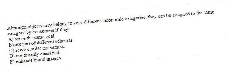 Although objects may belong to very different taxonomic categories, they can be assigned to the same category by consumers if they:
A) serve the same goal.
B) are part of different schemas.
C) serve similar consumers.
D) are broadly classified.
E) enhance brand images.