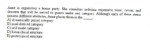 Anne is organizing a house party. She considers ordering expensive wine, caviar, and desserts that will be served to guests under one category. Although each of these items possess different attributes, Anne places them in the _____.
A) dynamically priced category
B) goal-derived category
C) self-made category
D) hierarchical structure
E) prototypical structure