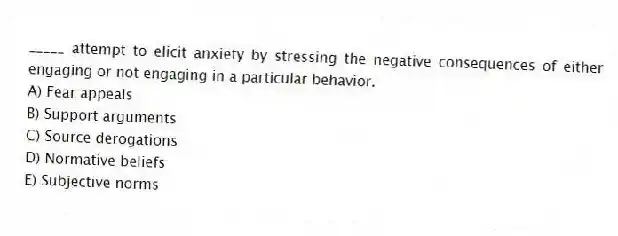 _____ attempt to elicit anxiety by stressing the negative consequences of either engaging or not engaging in a particular behavior.
A) Fear appeals
B) Support arguments
C) Source derogations
D) Normative beliefs
E) Subjective norms