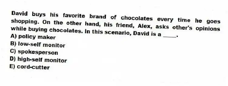 David buys his favorite brand of chocolates every time he goes shopping. On the other hand, his friend, Alex, asks other's opinions while buying chocolates. In this scenario, David is a _____.
A) policy maker
B) low-self monitor
C) spokesperson
D) high-self monitor
E) cord-cutter