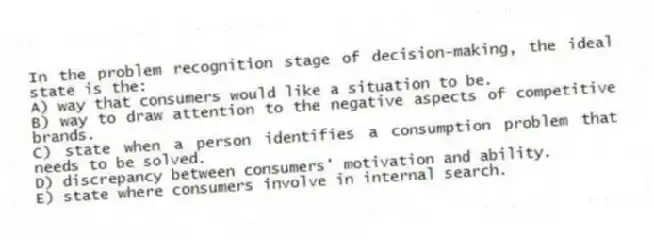 In the problem recognition stage of decision-making, the ideal state is the:
A) way that consumers would like a situation to be.
B) way to draw attention to the negative aspects of competitive brands.
C) state when a person identifies a consumption problem that needs to be solved.
D) discrepancy between consumers' motivation and ability.
E) state where consumers involve in internal search.