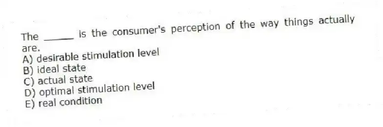 The _____ is the consumer's perception of the way things actually are.
A) desirable stimulation level
B) ideal state
C) actual state
D) optimal stimulation level
E) real condition