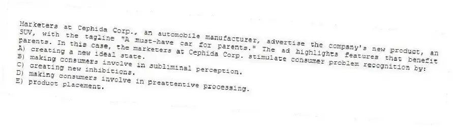 Marketers at Cephida Corp., an automobile manufacturer, advertise the company's new product, an SUV, with the tagline "A must-have car for parents." The ad highlights features that benefit parents. In this case, the marketers at Cephida Corp. stimulate consumer problem recognition by:
A) creating a new ideal state.
B) making consumers involve in subliminal perception.
C) creating new inhibitions.
D) making consumers involve in preattentive processing.
E) product placement.