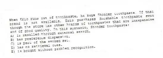 When Eric runs out of toothpaste, he buys Shonder toothpaste. If that brand is not available, Eric purchases Smoshable toothpaste even though the store has other brands of toothpastes that are inexpensive and of good quality. In this scenario, Shonder toothpaste:
A) is recalled through external search.
B) has preference dispersion.
C) is part of the evoked set.
D) has no retrieval cues.
E) is bought without problem recognition.