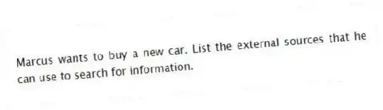 Marcus wants to buy a new car. List the external sources that he can use to search for information.
