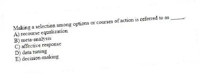 Making a selection among options or courses of action is referred to as _____.
A) recourse equalization
B) meta-analysis
C) affective response
D) data tuning
E) decision-making
