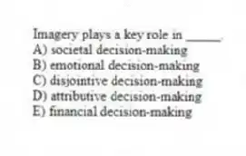 Imagery plays a key role in _____.
A) societal decision-making
B) emotional decision-making
C) disjointive decision-making
D) attributive decision-making
E) financial decision-making