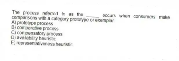 The process referred to as the _____ occurs when consumers make comparisons with a category prototype or exemplar.
A) prototype process
B) comparative process
C) compensatory process
D) availability heuristic
E) representativeness heuristic