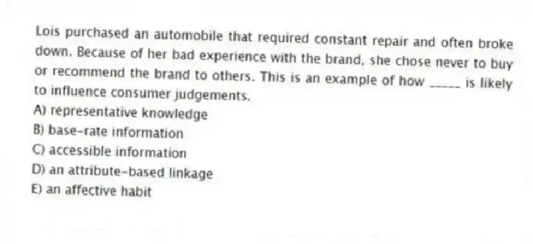 Lois purchased an automobile that required constant repair and often broke down. Because of her bad experience with the brand, she chose never to buy or recommend the brand to others. This is an example of how _____ is likely to influence consumer judgements.
A) representative knowledge
B) base-rate information
C) accessible information
D) an attribute-based linkage
E) an affective habit