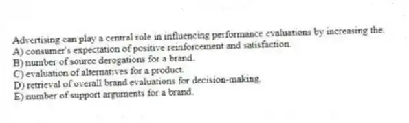 Advertising can play a central role in influencing performance evaluations by increasing the:
A) consumer's expectation of positive reinforcement and satisfaction.
B) number of source derogations for a brand.
C) evaluation of alternatives for a product.
D) retrieval of overall brand evaluations for decision-making.
E) number of support arguments for a brand.