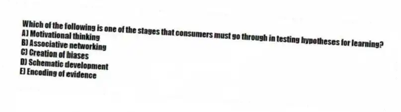Which of the following is one of the stages that consumers must go through in testing hypotheses for learning?
A) Motivational thinking
B) Associative networking
C) Creation of biases
D) Schematic development
E) Encoding of evidence