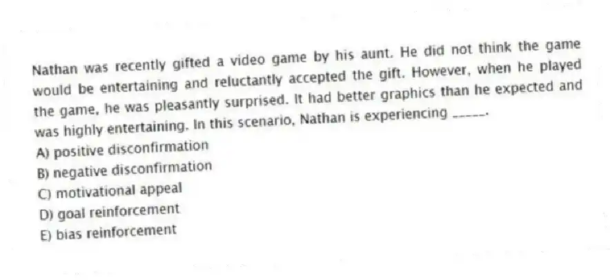 Nathan was recently gifted a video game by his aunt. He did not think the game would be entertaining and reluctantly accepted the gift. However, when he played the game, he was pleasantly surprised. It had better graphics than he expected and was highly entertaining. In this scenario, Nathan is experiencing _____.
A) positive disconfirmation
B) negative disconfirmation
C) motivational appeal
D) goal reinforcement
E) bias reinforcement