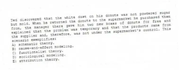 Ted discovered that the white dust on his donuts was not powdered sugar but mold. When he returned the donuts to the supermarket he purchased them from, the manager there gave him two new boxes of donuts for free and explained that the problem was temporary and that the products came from the supplier and, therefore, was not under the supermarket's control. This scenario exemplifies:
A) schematic theory.
B) cause-and-effect modeling.
C) functionalist theory.
D) sociological modeling.
E) attribution theory.