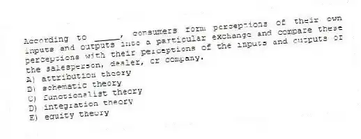 According to _____, consumers form perceptions of their own inputs and outputs into a particular exchange and compare these perceptions with their perceptions of the inputs and outputs of the salesperson, dealer, or company.
A) attribution theory
B) schematic theory
C) functionalist theory
D) integration theory
E) equity theory