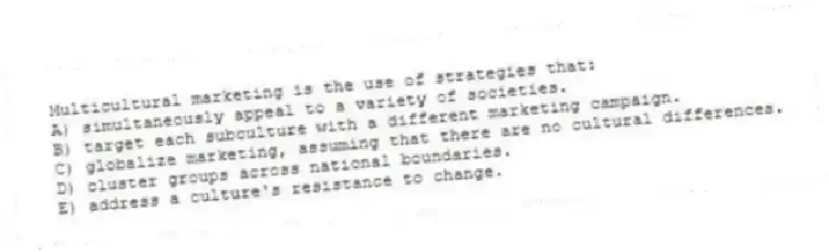 Multicultural marketing is the use of strategies that:
A) simultaneously appeal to a variety of societies.
B) target each subculture with a different marketing campaign.
C) globalize marketing, assuming that there are no cultural differences.
D) cluster groups across national boundaries.
E) address a culture's resistance to change.