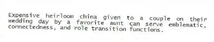 Expensive heirloom china given to a couple on their wedding day by a favorite aunt can serve emblematic, connectedness, and role transition functions.