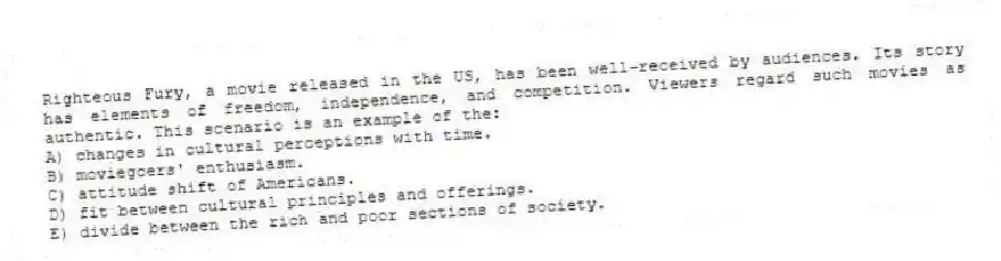 Righteous Fury, a movie released in the US, has been well-received by audiences. Its story has elements of freedom, independence, and competition. Viewers regard such movies as authentic. This scenario is an example of the:
A) changes in cultural perceptions with time.
B) moviegoers' enthusiasm.
C) attitude shift of Americans.
D) fit between cultural principles and offerings.
E) divide between the rich and poor sections of society.