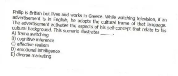 Philip is British but lives and works in Greece. While watching television, if an advertisement is in English, he adopts the cultural frame of that language. The advertisement activates the aspects of his self-concept that relate to his cultural background. This scenario illustrates _____.
A) frame switching
B) cognitive inference
C) affective realism
D) emotional intelligence
E) diverse marketing