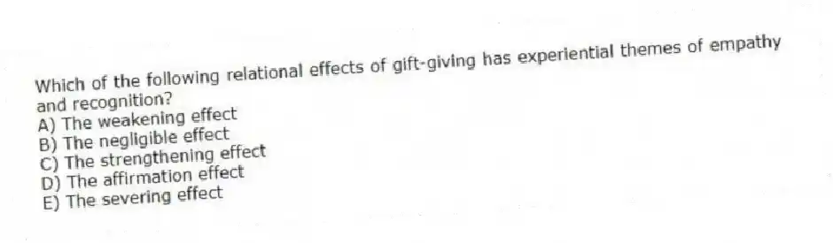 Which of the following relational effects of gift-giving has experiential themes of empathy and recognition?
A) The weakening effect
B) The negligible effect
C) The strengthening effect
D) The affirmation effect
E) The severing effect