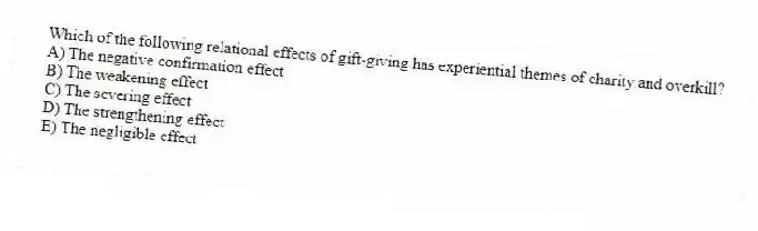 Which of the following relational effects of gift-giving has experiential themes of charity and overkill?
A) The negative confirmation effect
B) The weakening effect
C) The severing effect
D) The strengthening effect
E) The negligible effect