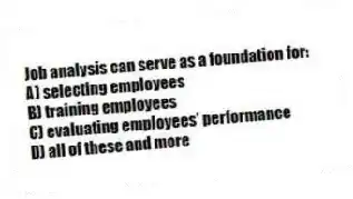 Job analysis can serve as a foundation for:
A) selecting employees
B) training employees
C) evaluating employees' performance
D) all of these and more