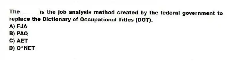 The ______ is the job analysis method created by the federal government to replace the Dictionary of Occupational Titles (DOT).
A) FJA
B) PAQ
C) AET
D) O*NET