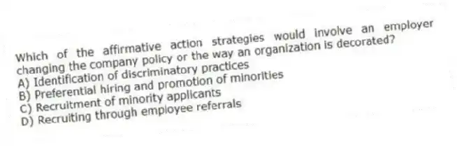 Which of the affirmative action strategies would involve an employer changing the company policy or the way an organization is decorated?
A) Identification of discriminatory practices
B) Preferential hiring and promotion of minorities
C) Recruitment of minority applicants
D) Recruiting through employee referrals