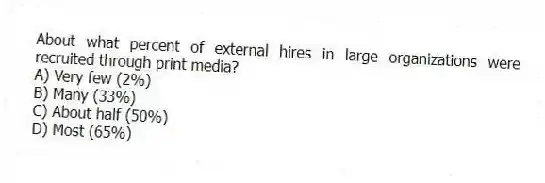 About what percent of external hires in large organizations were recruited through print media?
A) Very few (2%)
B) Many (33%)
C) About half (50%)
D) Most (65%)