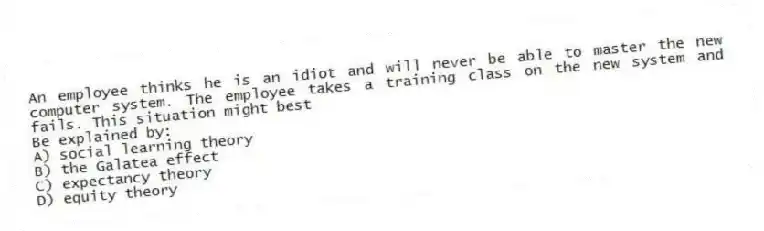 An employee thinks he is an idiot and will never be able to master the new computer system. The employee takes a training class on the new system and fails. This situation might best
Be explained by:
A) social learning theory
B) the Galatea effect
C) expectancy theory
D) equity theory
