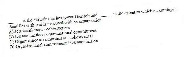 ______ is the attitude one has toward her job and ______ is the extent to which an employee identifies with and is involved with an organization.
A) Job satisfaction / cohesiveness
B) Job satisfaction / organizational commitment
C) Organizational commitment / cohesiveness
D) Organizational commitment / job satisfaction