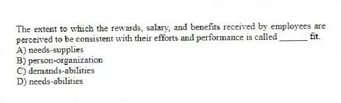 The extent to which the rewards, salary, and benefits received by employees are perceived to be consistent with their efforts and performance is called ______ fit.
A) needs-supplies
B) person-organization
C) demands-abilities
D) needs-abilities