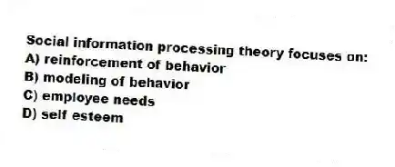 Social information processing theory focuses on:
A) reinforcement of behavior
B) modeling of behavior
C) employee needs
D) self esteem
