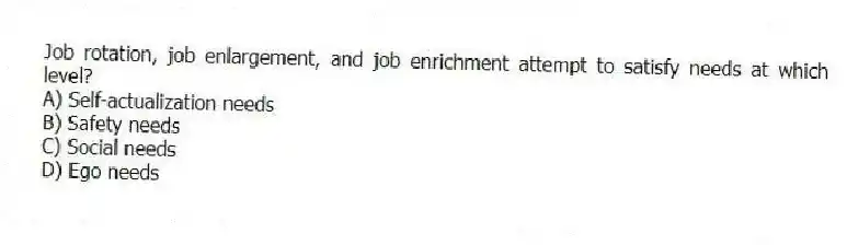 Job rotation, job enlargement, and job enrichment attempt to satisfy needs at which level?
A) Self-actualization needs
B) Safety needs
C) Social needs
D) Ego needs