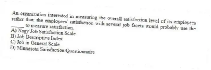 An organization interested in measuring the overall satisfaction level of its employees rather than the employees' satisfaction with several job facets would probably use the _____ to measure satisfaction.
A) Nagy Job Satisfaction Scale
B) Job Descriptive Index
C) Job in General Scale
D) Minnesota Satisfaction Questionnaire