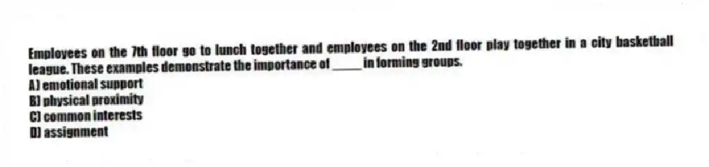 Employees on the 7th floor go to lunch together and employees on the 2nd floor play together in a city basketball league. These examples demonstrate the importance of ____ in forming groups.
A) emotional support
B) physical proximity
C) common interests
D) assignment