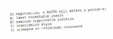 In negotiation, a BATNA will affect a person's:
A) least acceptable result
B) maximum supportable position
C) negotiation style
D) attempts at individual dominance