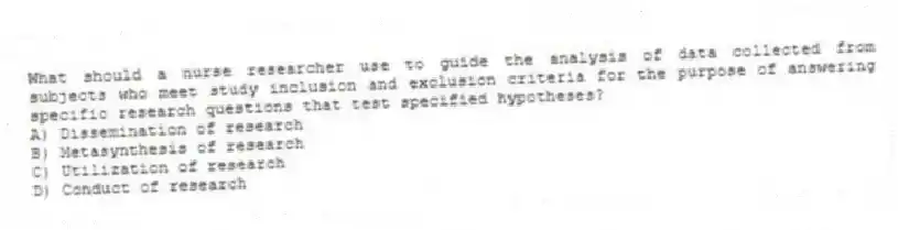 What should a nurse researcher use to guide the analysis of data collected from subjects who meet study inclusion and exclusion criteria for the purpose of answering specific research questions that test specified hypotheses?
A) Dissemination of research
B) Metasynthesis of research
C) Utilization of research
D) Conduct of research