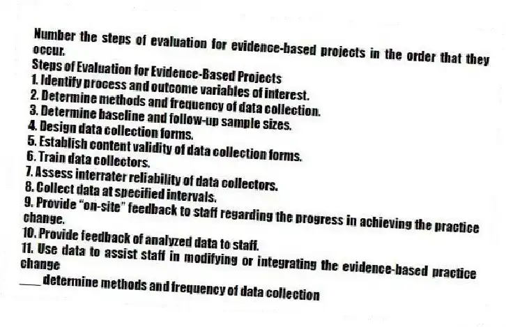 Number the steps of evaluation for evidence-based projects in the order that they occur.
Steps of Evaluation for Evidence-Based Projects
1. Identify process and outcome variables of interest.
2. Determine methods and frequency of data collection.
3. Determine baseline and follow-up sample sizes.
4. Design data collection forms.
5. Establish content validity of data collection forms.
6. Train data collectors.
7. Assess interrater reliability of data collectors.
8. Collect data at specified intervals.
9. Provide “on-site” feedback to staff regarding the progress in achieving the practice change.
10. Provide feedback of analyzed data to staff.
11. Use data to assist staff in modifying or integrating the evidence-based practice change
-___ determine methods and frequency of data collection