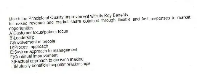 Match the Principle of Quality Improvement with its Key Benefits.
-Increased revenue and market share obtained through flexible and fast responses to market opportunities
A)Customer focus/patient focus
B)Leadership
C)Involvement of people
D)Process approach
E)System approach to management
F)Continual improvement
G)Factual approach to decision making
H)Mutually beneficial supplier relationships