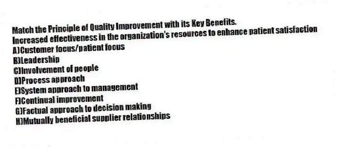 Match the Principle of Quality Improvement with its Key Benefits.
-Increased effectiveness in the organization's resources to enhance patient satisfaction
A)Customer focus/patient focus
B)Leadership
C)Involvement of people
D)Process approach
E)System approach to management
F)Continual improvement
G)Factual approach to decision making
H)Mutually beneficial supplier relationships