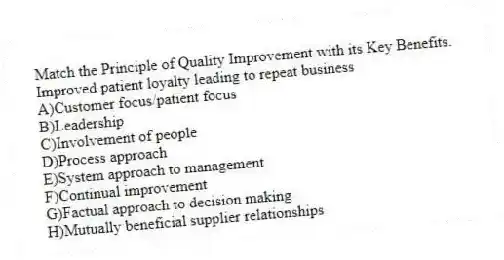 Match the Principle of Quality Improvement with its Key Benefits.
-Improved patient loyalty leading to repeat business
A)Customer focus/patient focus
B)Leadership
C)Involvement of people
D)Process approach
E)System approach to management
F)Continual improvement
G)Factual approach to decision making
H)Mutually beneficial supplier relationships