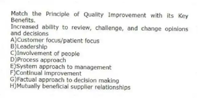 Match the Principle of Quality Improvement with its Key Benefits.
-Increased ability to review, challenge, and change opinions and decisions
A)Customer focus/patient focus
B)Leadership
C)Involvement of people
D)Process approach
E)System approach to management
F)Continual improvement
G)Factual approach to decision making
H)Mutually beneficial supplier relationships