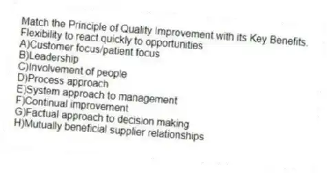 Match the Principle of Quality Improvement with its Key Benefits.
-Flexibility to react quickly to opportunities
A)Customer focus/patient focus
B)Leadership
C)Involvement of people
D)Process approach
E)System approach to management
F)Continual improvement
G)Factual approach to decision making
H)Mutually beneficial supplier relationships