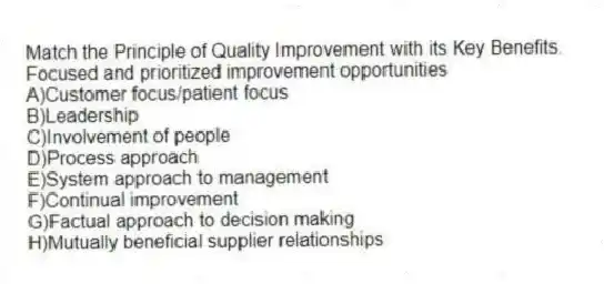 Match the Principle of Quality Improvement with its Key Benefits.
-Focused and prioritized improvement opportunities
A)Customer focus/patient focus
B)Leadership
C)Involvement of people
D)Process approach
E)System approach to management
F)Continual improvement
G)Factual approach to decision making
H)Mutually beneficial supplier relationships